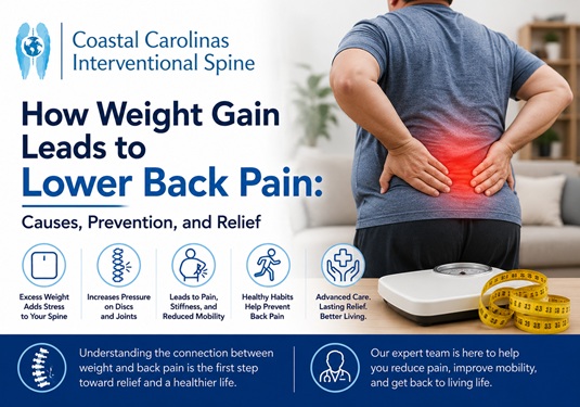 Coastal Carolinas Interventional Spine banner on weight gain and lower back pain; person clutching their lower back with a red pain highlight.