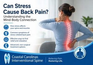 back pain in North Myrtle Beach SC | Coastal Carolinas Interventional Spine Poster about stress and back pain showing a woman holding her lower back with a red-highlighted spine, plus bulleted items on mind-body connection and relief options, and Coastal Carolinas Interventional Spine branding.