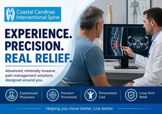 Coastal Carolinas Interventional Spine banner: two clinicians review a spine image on a monitor, with bold text “EXPERIENCE. PRECISION. REAL RELIEF.” and a row of service icons below.