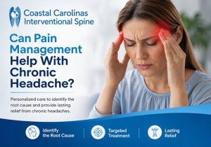 pain management in North Myrtle Beach SC | Coastal Carolinas Interventional Spine Coastal Carolinas Interventional Spine banner offering pain management for chronic headaches; woman holds temples in pain.
