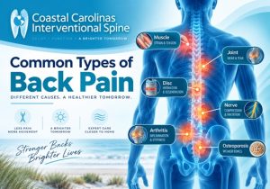 Back pain in North Myrtle Beach SC | Coastal Carolinas Interventional Spine Informational infographic showing a blue human back with a highlighted spine and labeled pain sources: muscle, joint, disc, nerve, arthritis, and osteoporosis from Coastal Carolinas Interventional Spine.