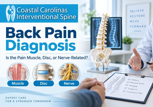 Back pain in North Myrtle Beach SC | Coastal Carolinas Interventional Spine Poster about back pain diagnosis: asks if pain is muscle, disc, or nerve-related; shows muscle, disc, and nerve icons with a spine model in a clinical setting.