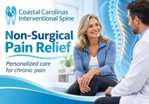 Coastal Carolinas Interventional Spine logo; banner reads'Non-Surgical Pain Relief' with 'Personalized care for chronic pain' and a patient talking to a clinician.