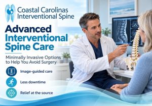 Doctor explains Advanced Interventional Spine Care to a patient beside an MRI spine image; mentions image-guided care, less downtime, relief at the source.