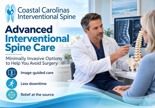 Doctor explains Advanced Interventional Spine Care to a patient beside an MRI spine image; mentions image-guided care, less downtime, relief at the source.